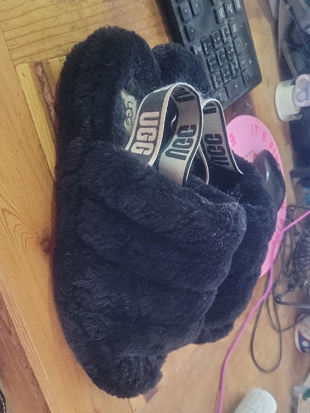 UGG Black Fuzzy Slide Slippers - Picture 2 of 5